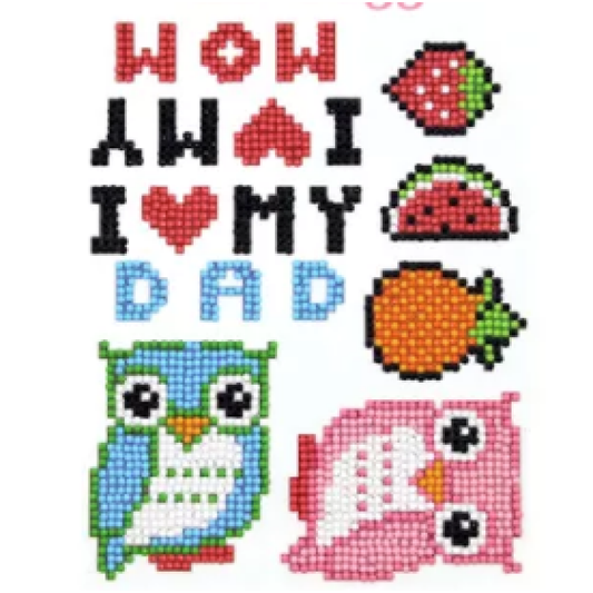 Diamond painting stickers ( Ugler, frugter og skrift)